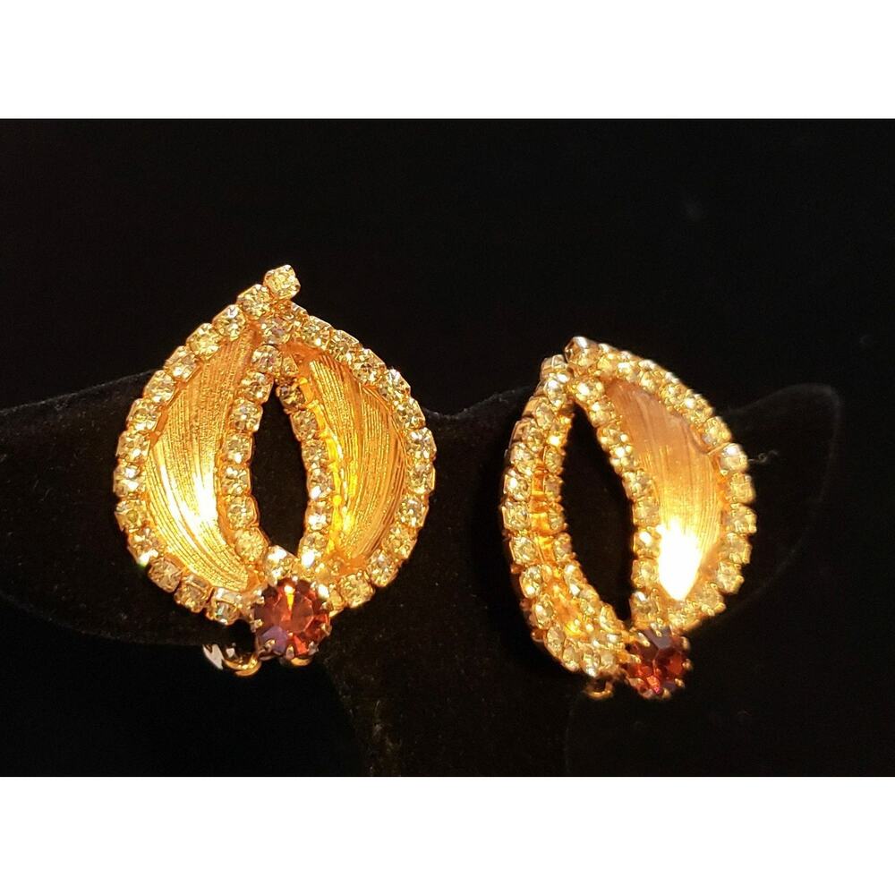 Amber Rhinestone‎ Clip On Earrings Vintage Gold-tone Glass Large bc-37